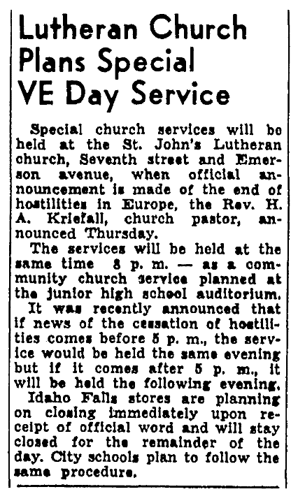 An article about V-E Day, Post-Register newspaper article 3 May 1945