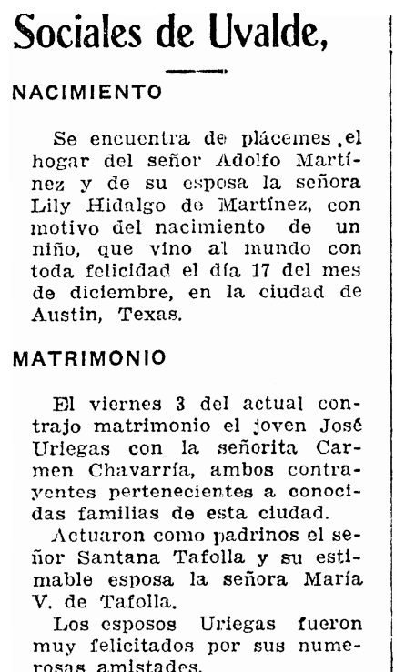 A birth and a wedding notice, Prensa newspaper article 20 January 1936