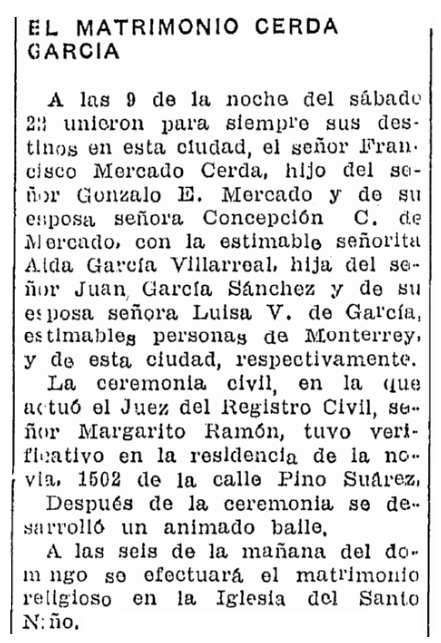 A wedding notice, Prensa newspaper article 23 September 1934