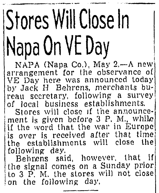 An article about V-E Day, Sacramento Bee newspaper article 2 May 1945