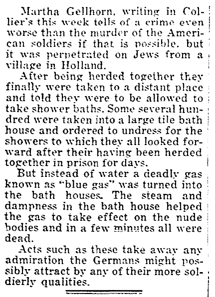 A WWII article based on reporting from female war correspondent Martha Gellhorn, Beaumont Journal newspaper article 19 December 1944