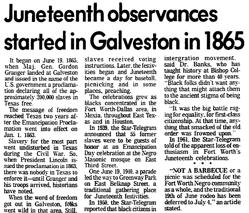 An article about Juneteenth, Fort Worth Star-Telegram newspaper article 13 June 1976