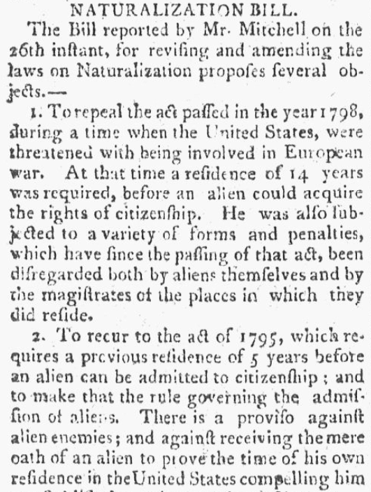 An article about citizenship and naturalization, Newburyport Herald newspaper article 16 February 1802