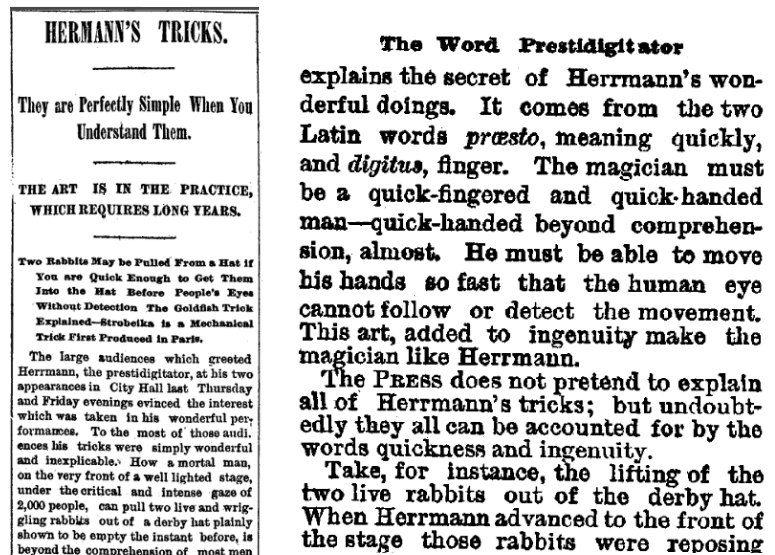 An article about magic tricks, Portland Daily Press newspaper article 23 May 1892
