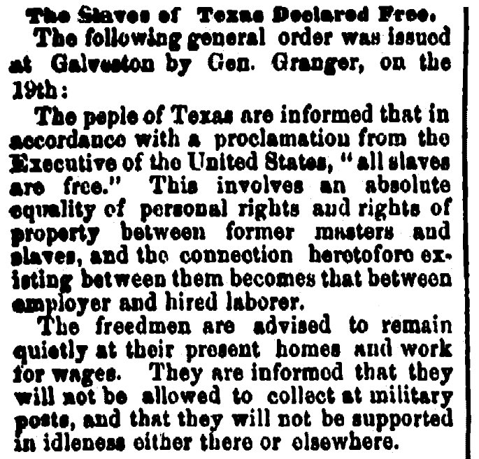 An article about Juneteenth, Times-Picayune newspaper article 27 June 1865