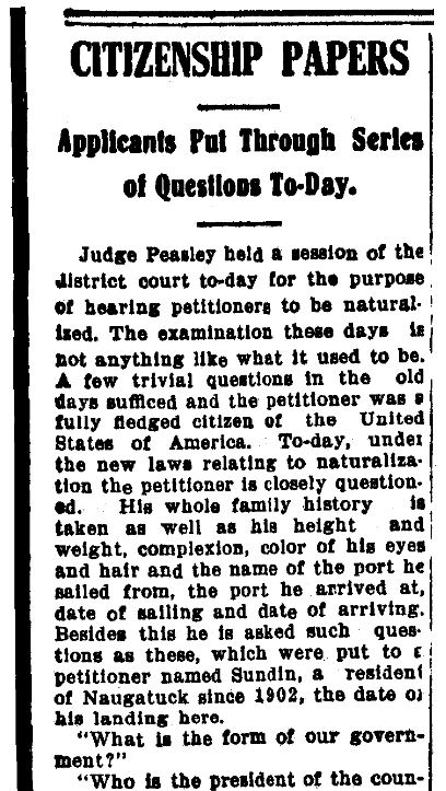 An article about citizenship and naturalization, Waterbury Evening Democrat newspaper article 14 March 1908