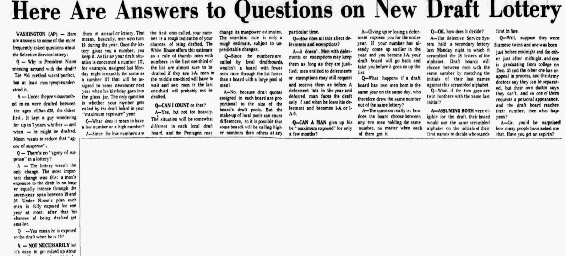 An article about the draft lottery during the Vietnam War, Dallas Morning News newspaper article 7 December 1969