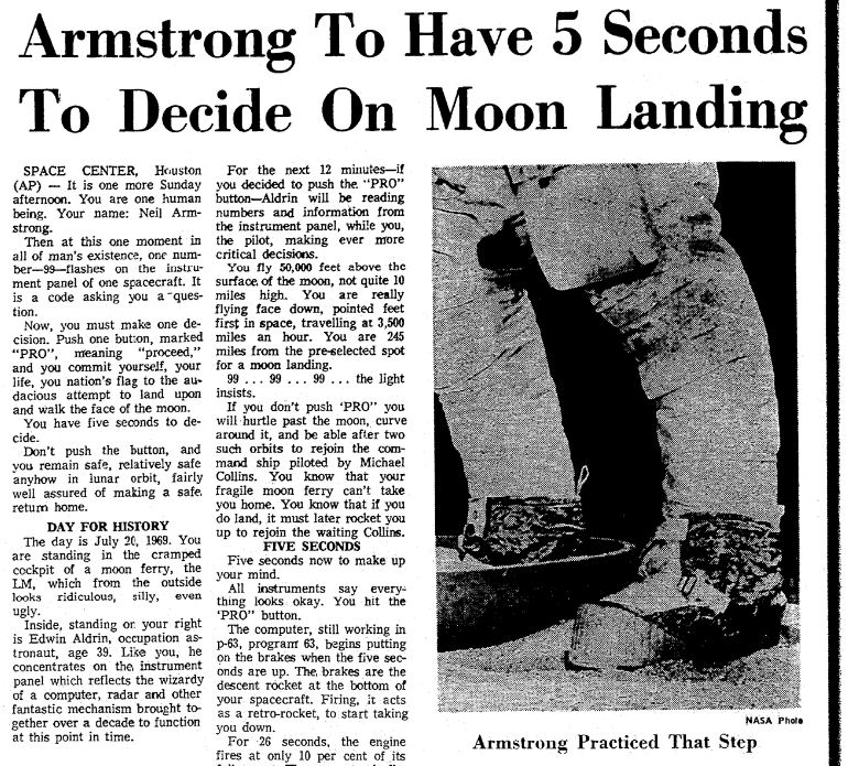 An article about Neil Armstrong stepping onto the moon, Greensboro Daily News newspaper article 20 July 1969