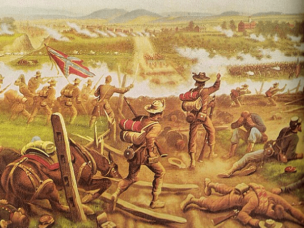 Illustration: North Carolinians drove back federal troops in the first day at Gettysburg. At right is the "Luthern Seminary." In the background is Gettysburg. By James Alexander Walker. Credit: Wikimedia Commons.