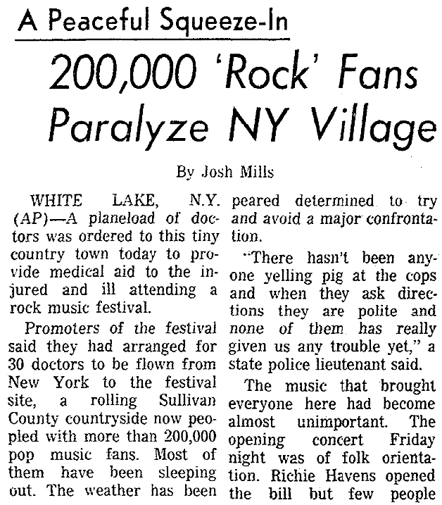 An article about the Woodstock Music Festival, Sacramento Bee newspaper article 16 August 196