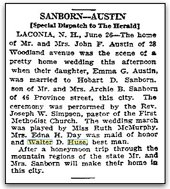 Sanborn-Austin wedding notice, Boston Herald newspaper article 27 June 1926