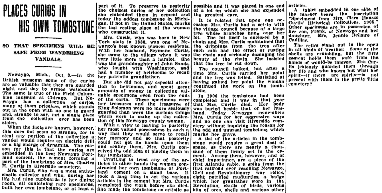 An article about Clara Curtis's tombstone, Kalamazoo Gazette newspaper article 4 October 1911