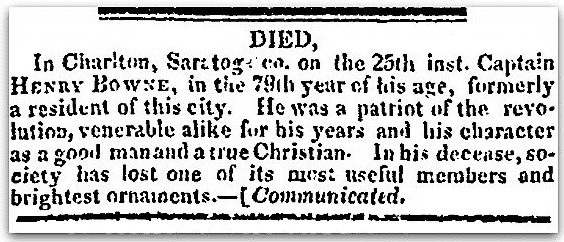 An obituary for Henry Bowne, Albany Argus newspaper article 1 January 1830