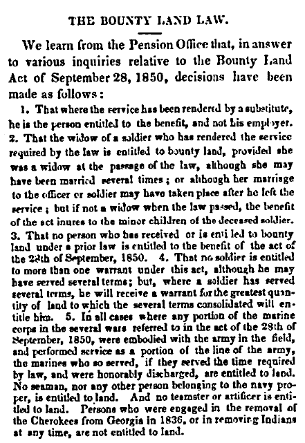 An article about the bounty land law, Daily National Intelligencer newspaper article 12 December 1850