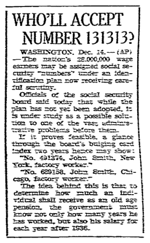 An article about Social Security Numbers, Evansville Journal newspaper article 15 December 1935