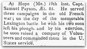 An obituary for Samuel Payson, Hallowell Gazette newspaper article 21 July 1819