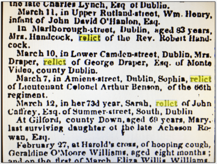 Obituaries, Irish American newspaper article 5 April 1851