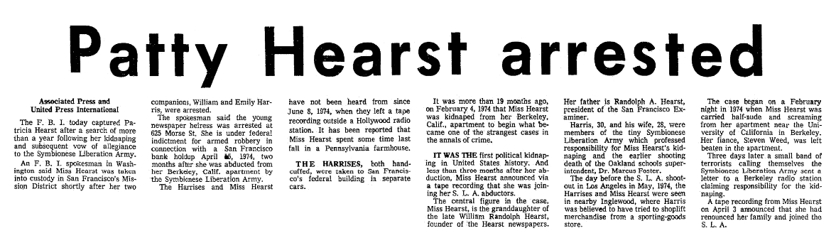 An article about Patty Hearst, Seattle Daily Times newspaper article 18 September 1975