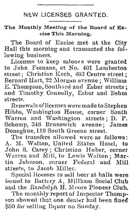 An article about business licenses, Trenton Evening Times newspaper article 10 December 1885