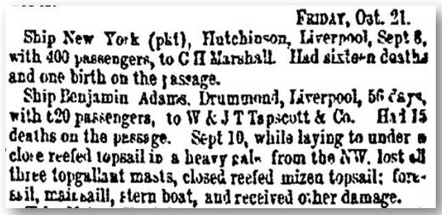 An article about the ship Benjamin Adams, Weekly Herald newspaper article 22 October 1853