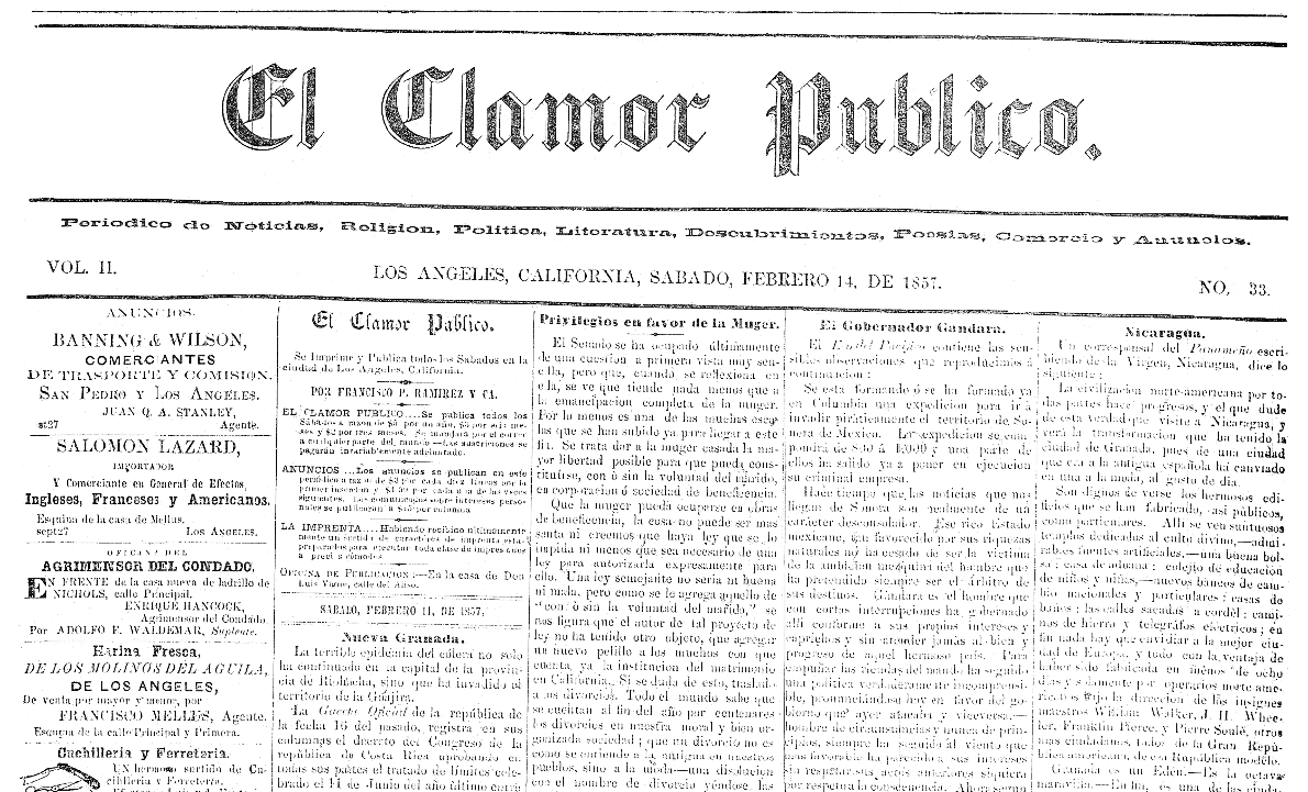 Front page, Clamor Publico newspaper 14 February 1857