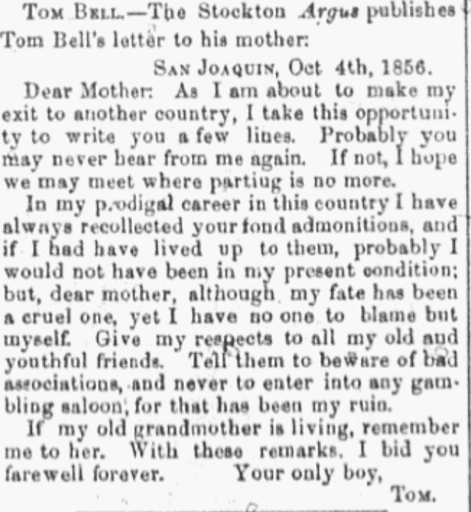 An article about Tom Bell, Daily Democratic State Journal newspaper article 18 October 1856