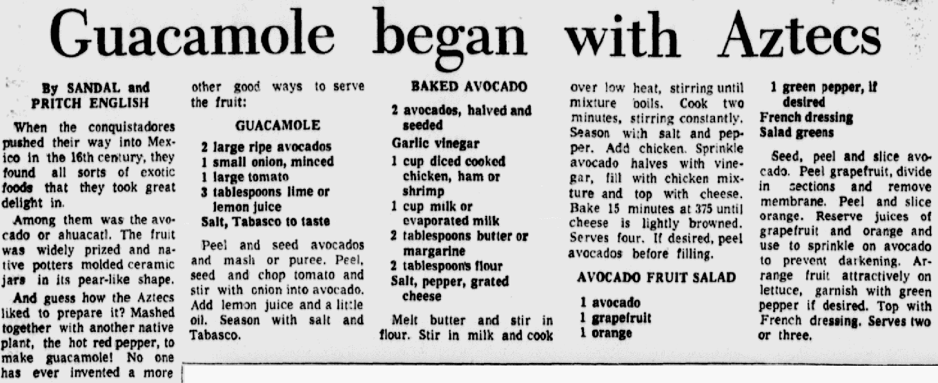 A recipe for guacamole, Dallas Morning News newspaper article 20 February 1975