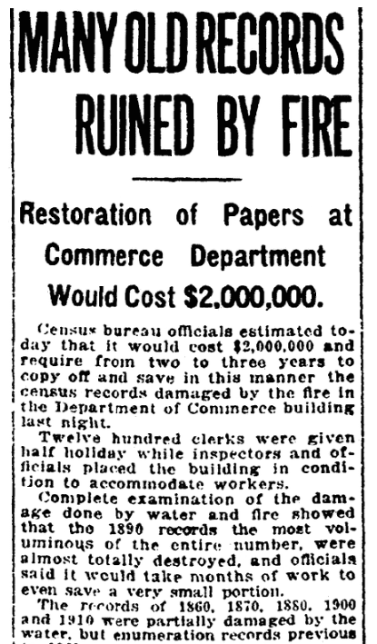 An article about the Commerce Department building fire that destroyed the 1890 census, Evening Star newspaper article 11 January 1921