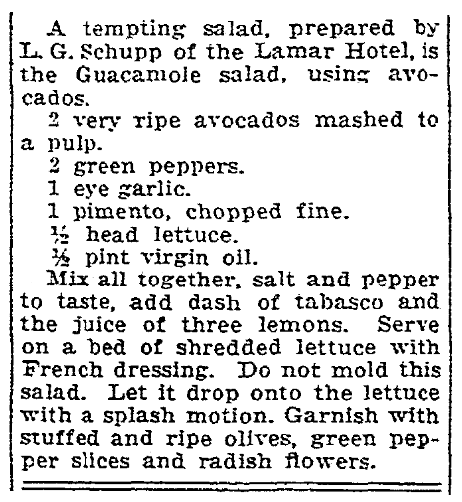 A recipe for guacamole, Houston Chronicle newspaper article 9 March 1934