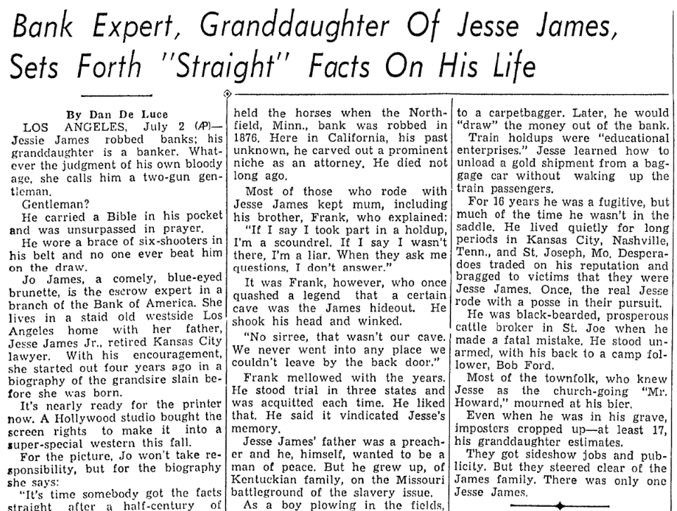 An article about the granddaughter of Jesse James, Lexington Herald newspaper article 3 July 1938