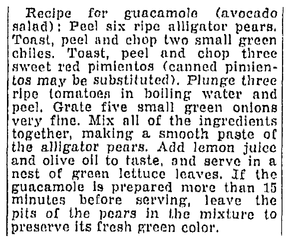 A recipe for guacamole, Oregonian newspaper article 4 March 1934