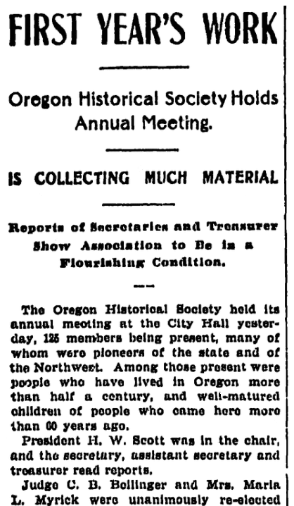 An article about the Oregon Historical Society, Oregonian newspaper article 17 December 1899