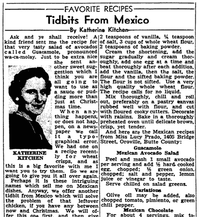 A recipe for guacamole, Sacramento Bee newspaper article 16 December 1940