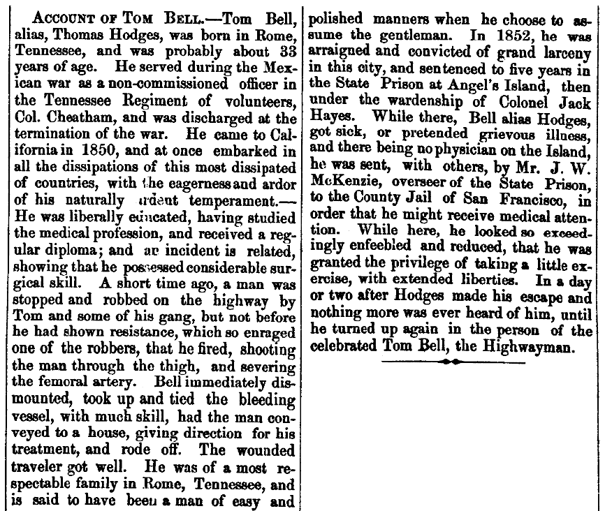 An article about Tom Bell, San Andreas Independent newspaper article 11 October 1856