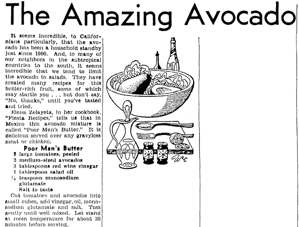 A recipe for guacamole, San Francisco Chronicle newspaper article 22 January 1953