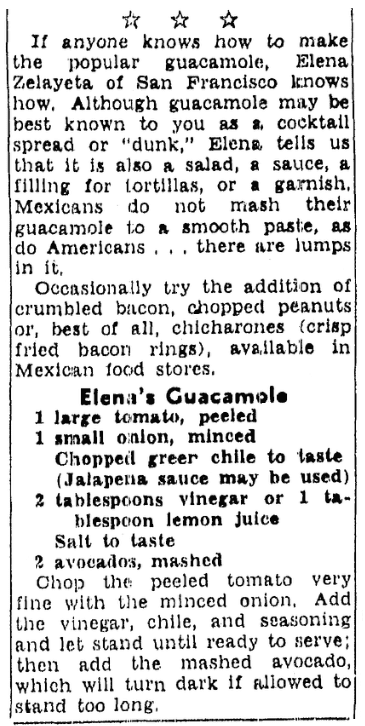 A recipe for guacamole, San Francisco Chronicle newspaper article 22 January 1953