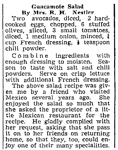 A recipe for guacamole, Times-Picayune newspaper article 22 July 1939