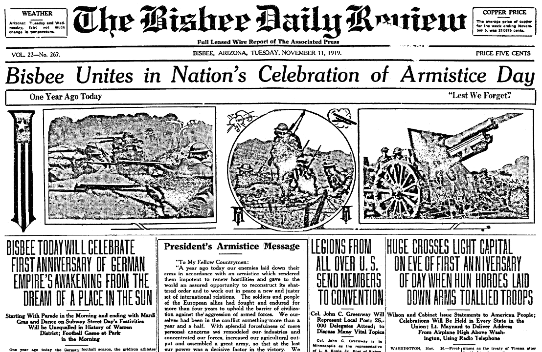 An article about Armistice Day, Arizona Daily Orb newspaper article 11 November 1919