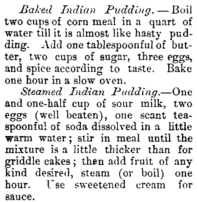 Recipes for Indian pudding, Beverly Citizen newspaper article 17 December 1887