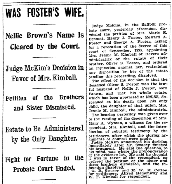 An article about the Oliver Foster probate case, Boston Herald newspaper article 17 October 1900