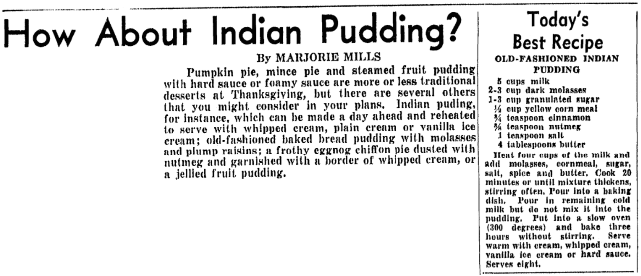 A recipe for Indian pudding, Boston Traveler newspaper article 25 November 1946