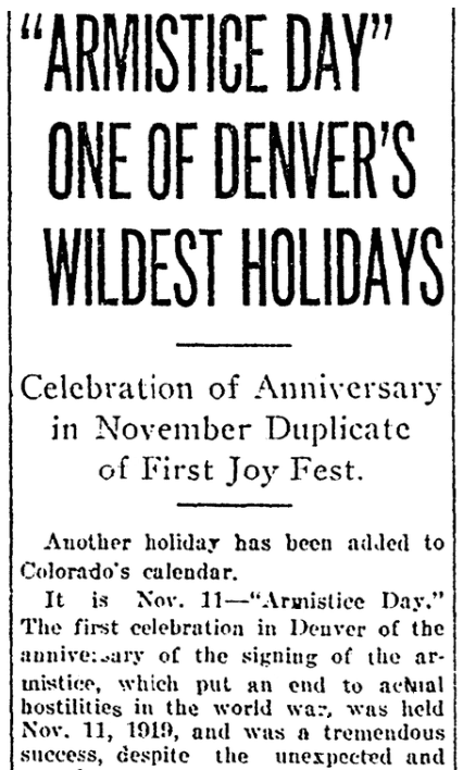 An article about Armistice Day, Denver Post newspaper article 1 January 1920