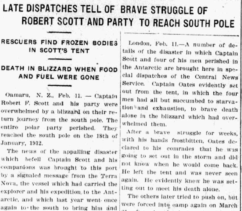 An article about Robert F. Scott's fatal Antarctic expedition, Evening News newspaper article 11 February 1913