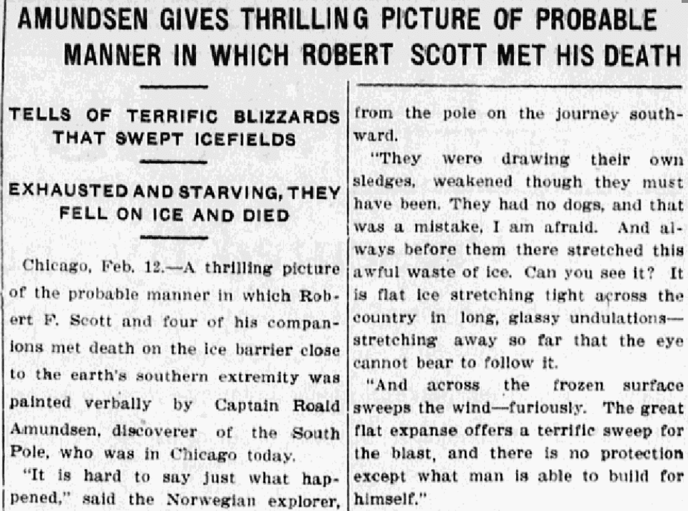 An article about Roald Amundsen commenting on Robert F. Scott's fatal Antarctic expedition, Evening News newspaper article 12 February 1913