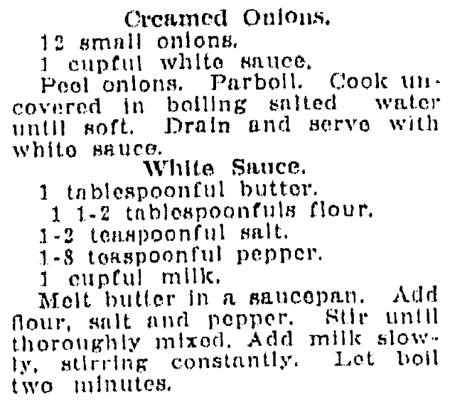 A recipe for creamed onions, Jackson Citizen Patriot newspaper article 17 November 1919