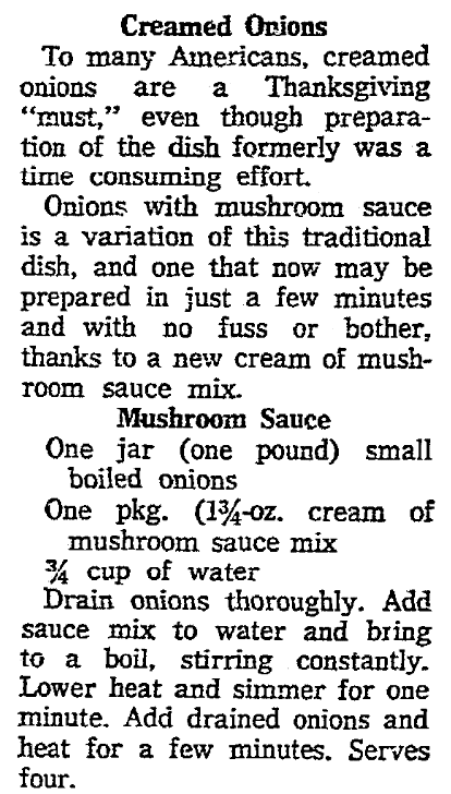 A recipe for creamed onions, Jersey Journal newspaper article 26 November 1963