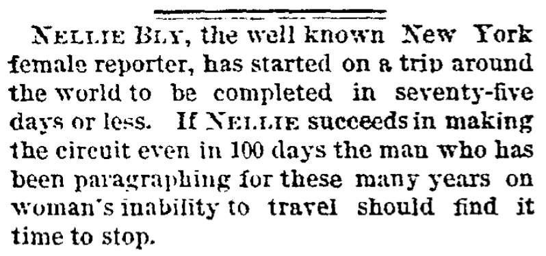 An article about Nellie Bly, Kansas City Times newspaper article 17 November 1889