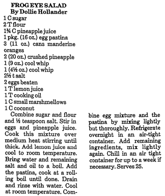 A recipe for frog eye salad, Las Vegas Review-Journal newspaper article 28 June 1977