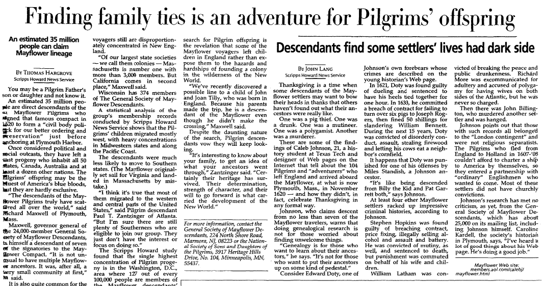 An article about researching Mayflower lineage, Milwaukee Journal Sentinel newspaper article 27 November 1997