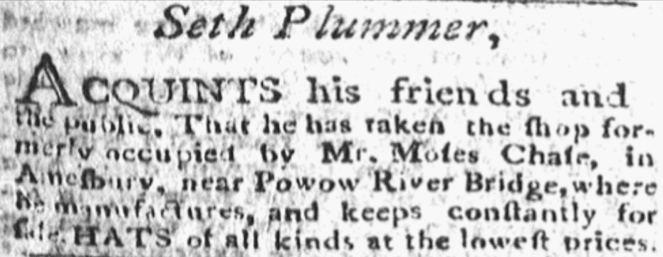 An article about Seth Plummer, Newburyport Herald newspaper article 11 January 1799